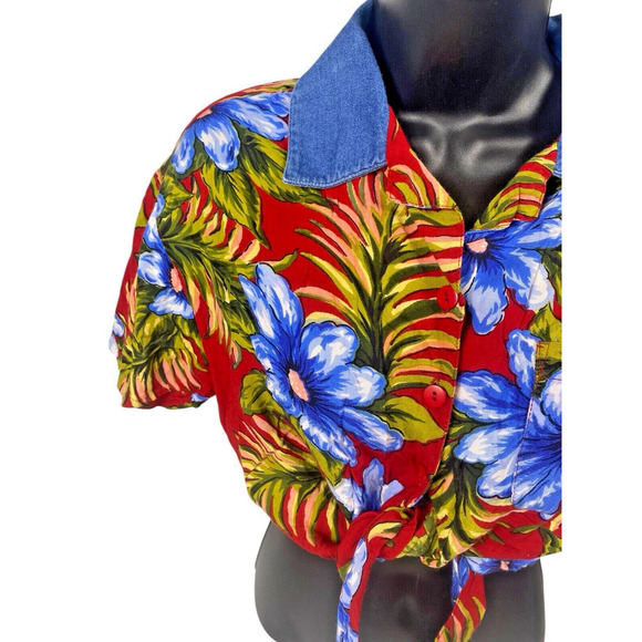 Hawaiian Crop Top Tie Front Button Tropical Cruise Beach M Red Boho Vintage - Picture 5 of 11